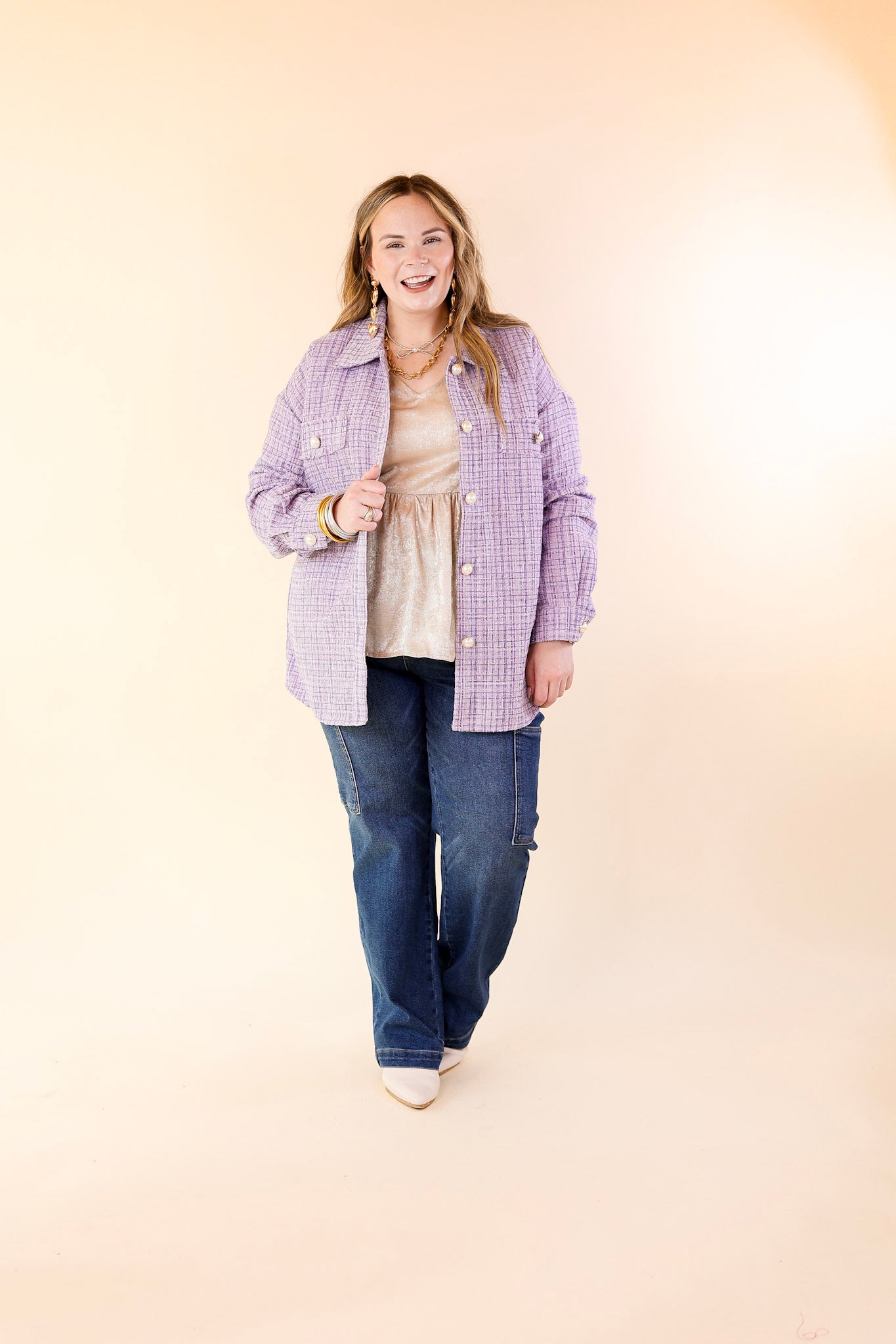 Brooklyn Buzz Pearl Button Up Tweed Shacket in Lavender Purple