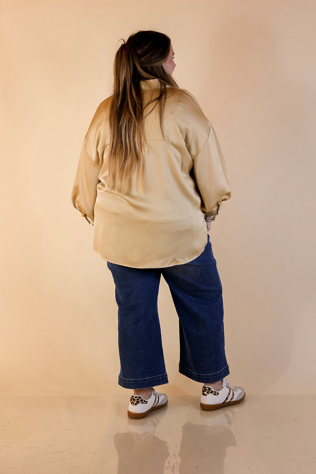 Sweet Notion Button Up 3/4 Balloon Sleeve Top in Gold