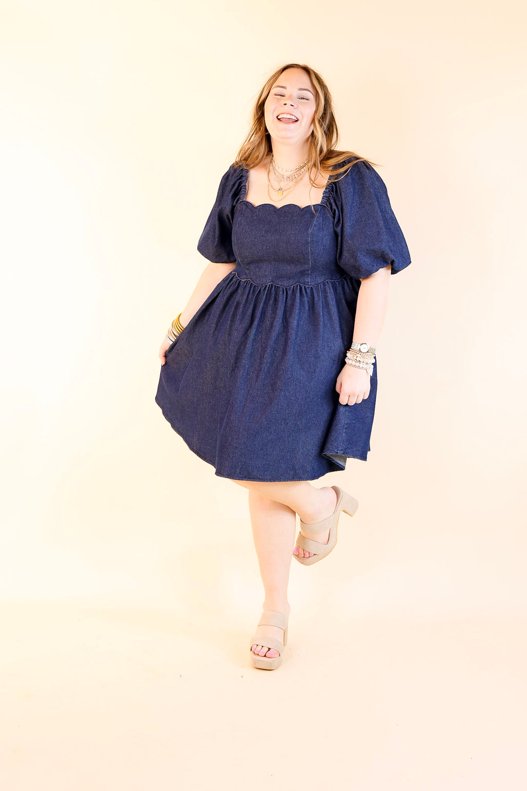 Southern Belle Short Puff Sleeve Denim Dress with Scalloped Square Neckline in Dark Wash