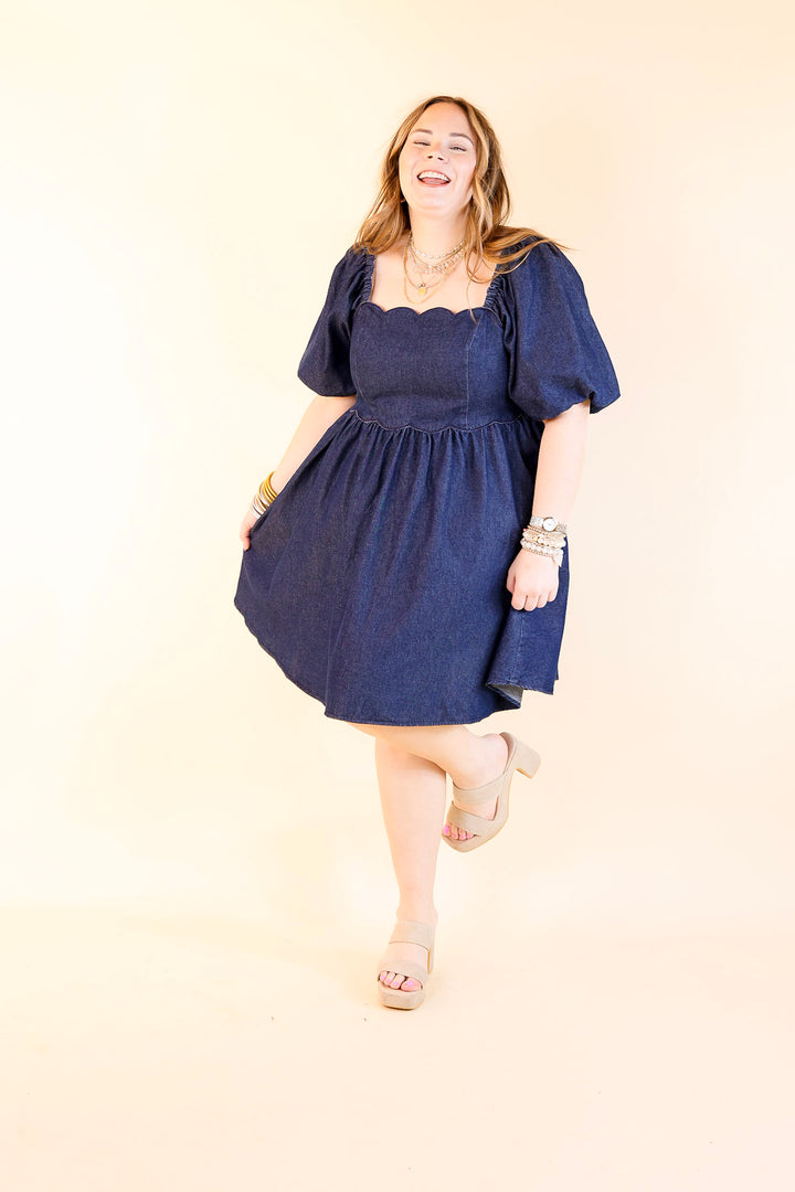 Southern Belle Short Puff Sleeve Denim Dress with Scalloped Square Neckline in Dark Wash
