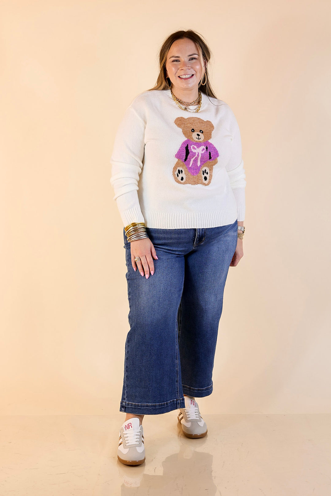 Simply Southern | Finest Touch Crewneck Sweater with Bow Teddy Bear Graphic in Cream
