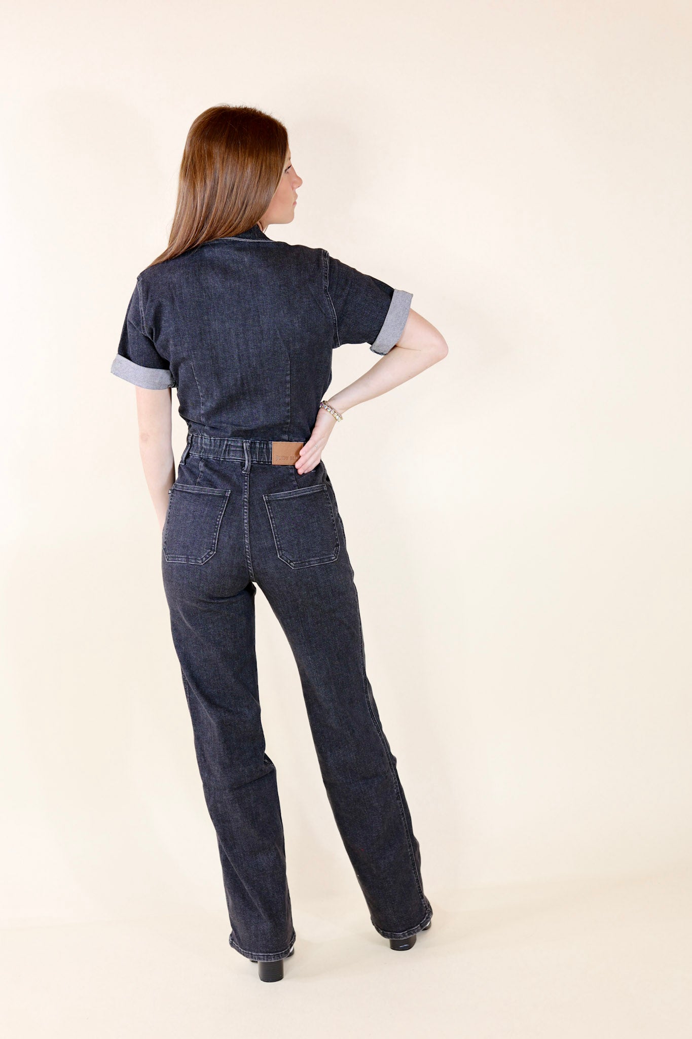 Judy Blue | New To The City Short Sleeve Denim Jumpsuit in Black - Giddy Up Glamour Boutique