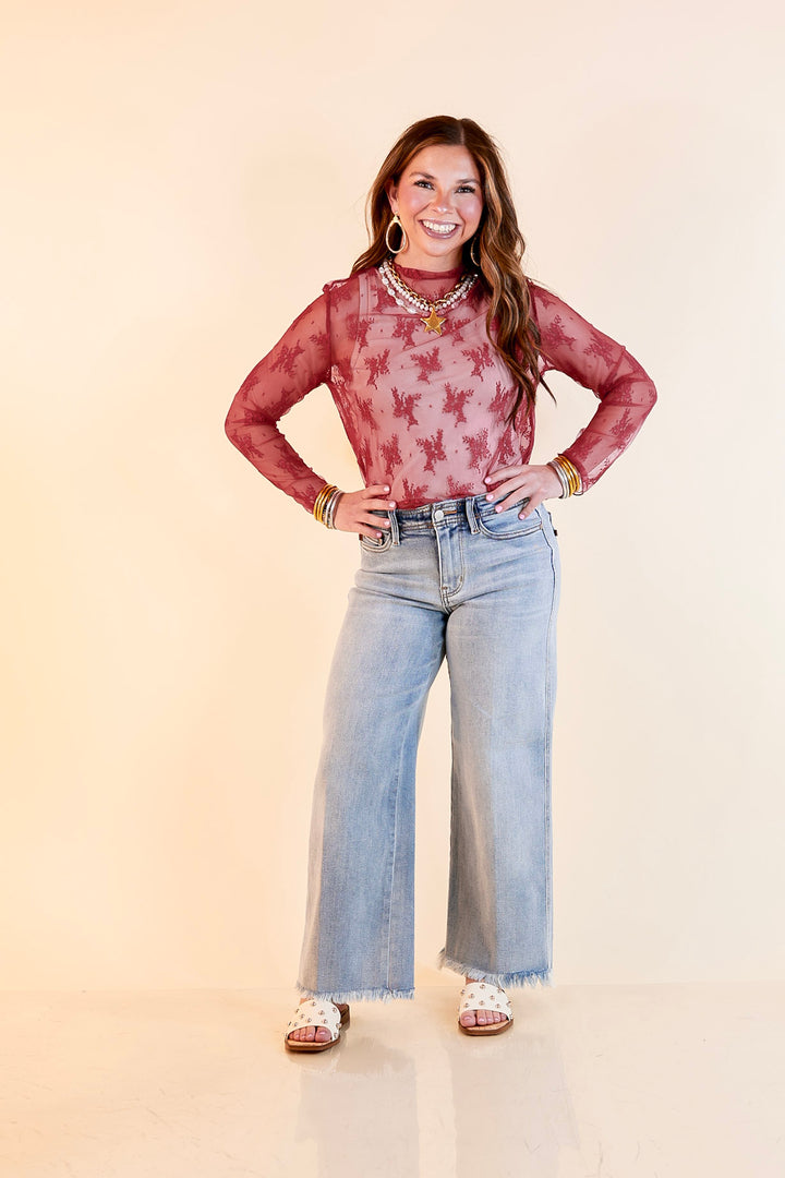 Delicate Charm Long Sleeve Sheer Lace Top with Mock Neck in Maroon
