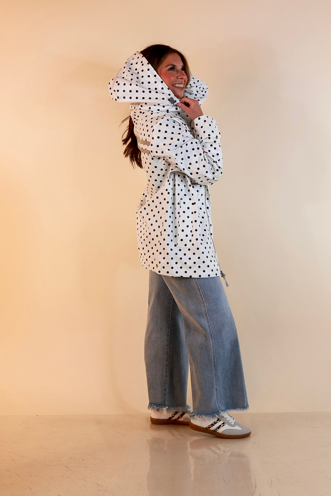 Lulu Mac | Chic Forecast Black Polka Dot Hooded Rain Jacket in Ivory