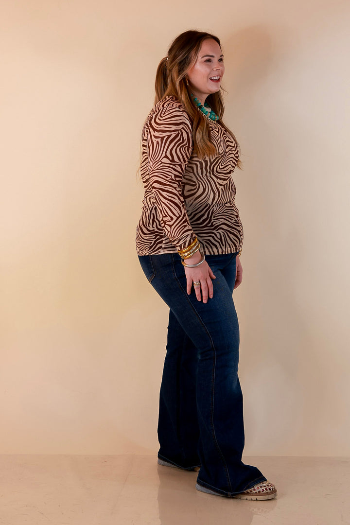 The Perfect Layer Zebra Print Sheer Mesh Long Sleeve Top in Chocolate Brown and Ivory