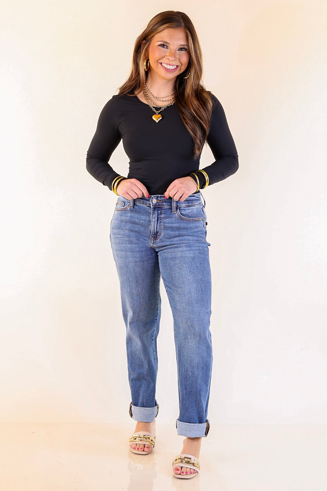 Judy Blue | Simple Sophistication Classic Cuffed Boyfriend Denim Jeans in Medium Wash