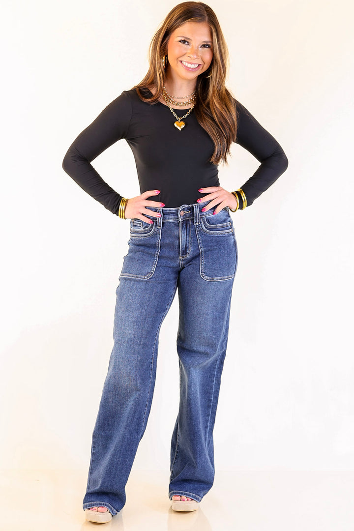 Judy Blue | Polished Path 90's Straight Leg Denim Jeans with Front Patch Pocket in Medium Wash