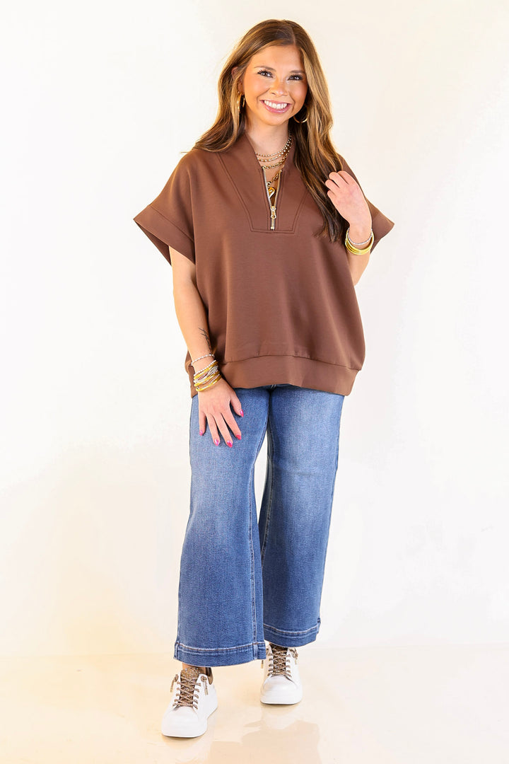 Top Priority Half Zip Collared Scuba Top in Chocolate Brown