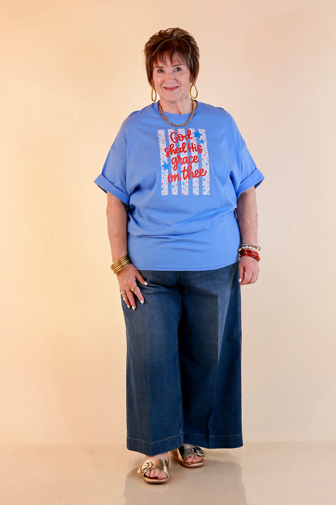 Grace Upon Grace Short Sleeve Graphic Tee with Floral Detailing in Sky Blue