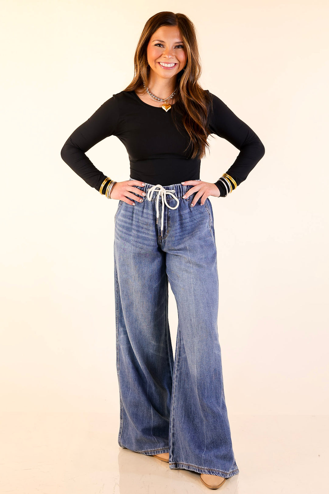 Judy Blue | Made to Move Wide Leg Palazzo Featherweight Elastic Waistband Jeans in Dark Wash