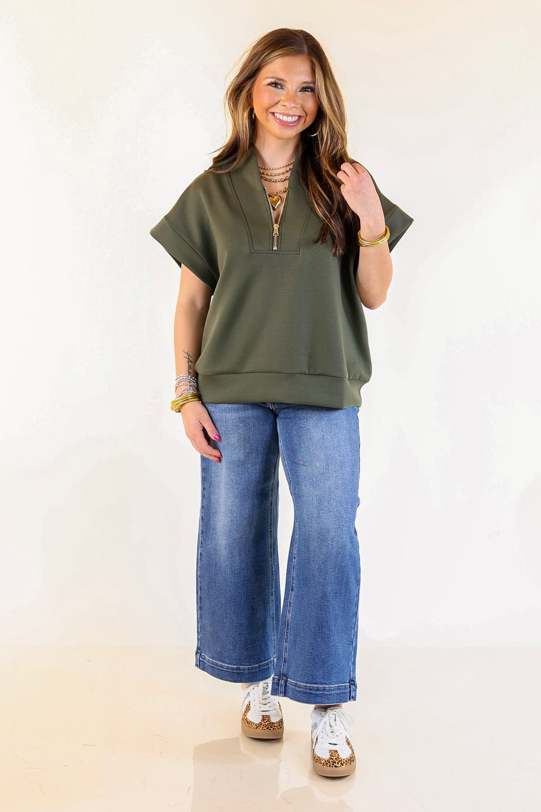 Top Priority Half Zip Collared Scuba Top in Olive Green