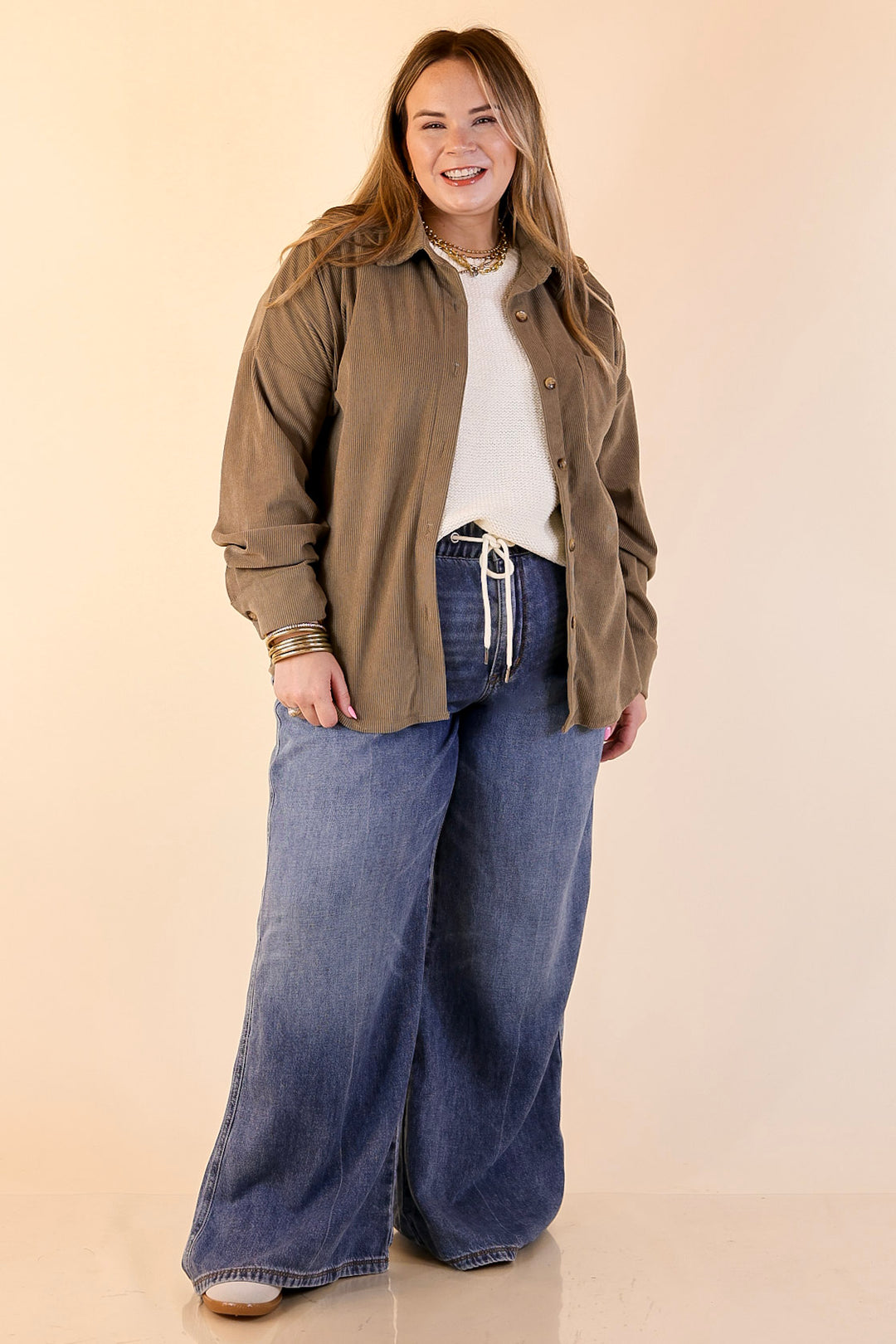 Captivating Cuteness Corduroy Button Up Shacket in Olive Green