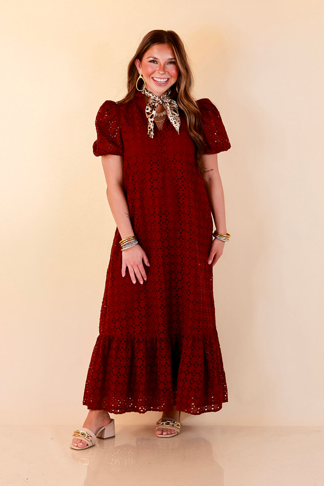 Meet Me at Sunset Eyelet Lace Puff Sleeve Tiered Maxi Dress in Maroon