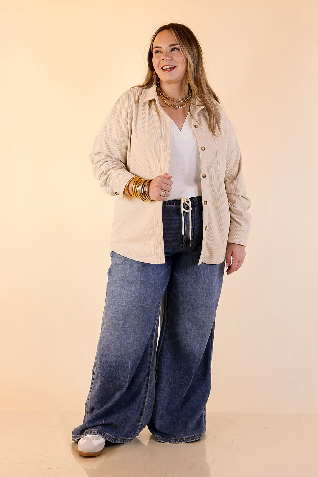 Captivating Cuteness Corduroy Button Up Shacket in Cream