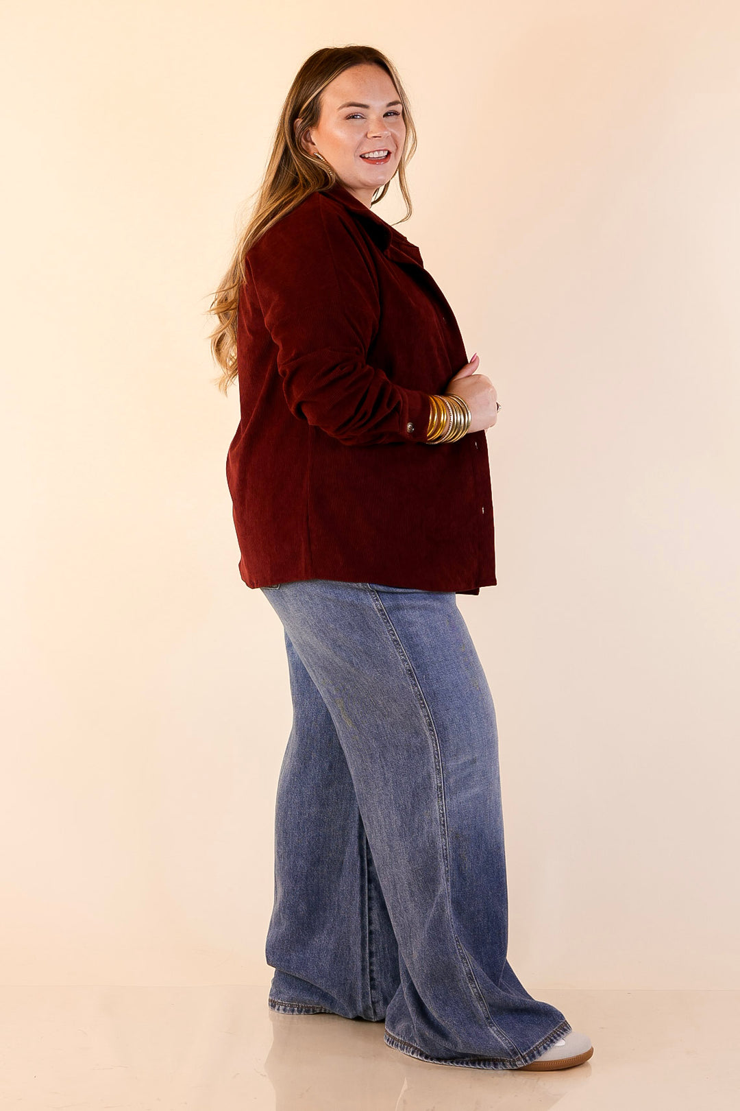 Captivating Cuteness Corduroy Button Up Shacket in Maroon