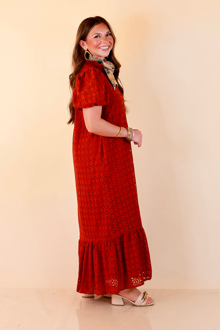 Meet Me at Sunset Eyelet Lace Puff Sleeve Tiered Maxi Dress in Rust Red