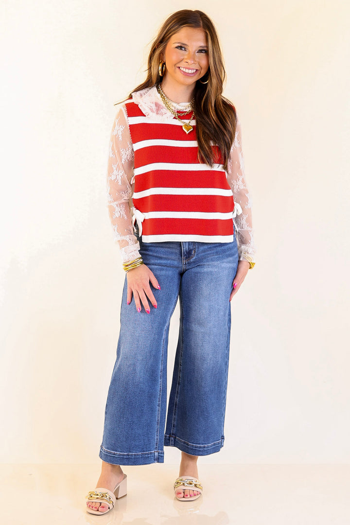 Tied Up in Style Knit Sweater with Side Ties in Red with Off White Stripes