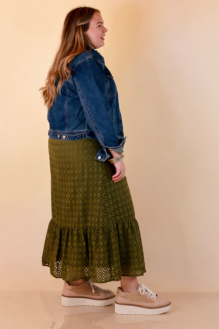 Meet Me at Sunset Eyelet Lace Puff Sleeve Tiered Maxi Dress in Olive Green