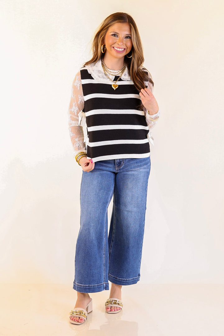 Tied Up in Style Knit Sweater with Side Ties in Black with Off White Stripes