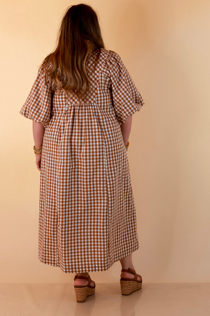 All Eyes on You Smocked Yoke Puff Sleeve Gingham Print Maxi Dress in Camel Brown and Ivory