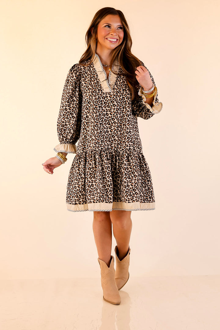 Fierce Intentions 3/4 Sleeve Leopard Print Babydoll Dress with Ruffle Detailing in Taupe