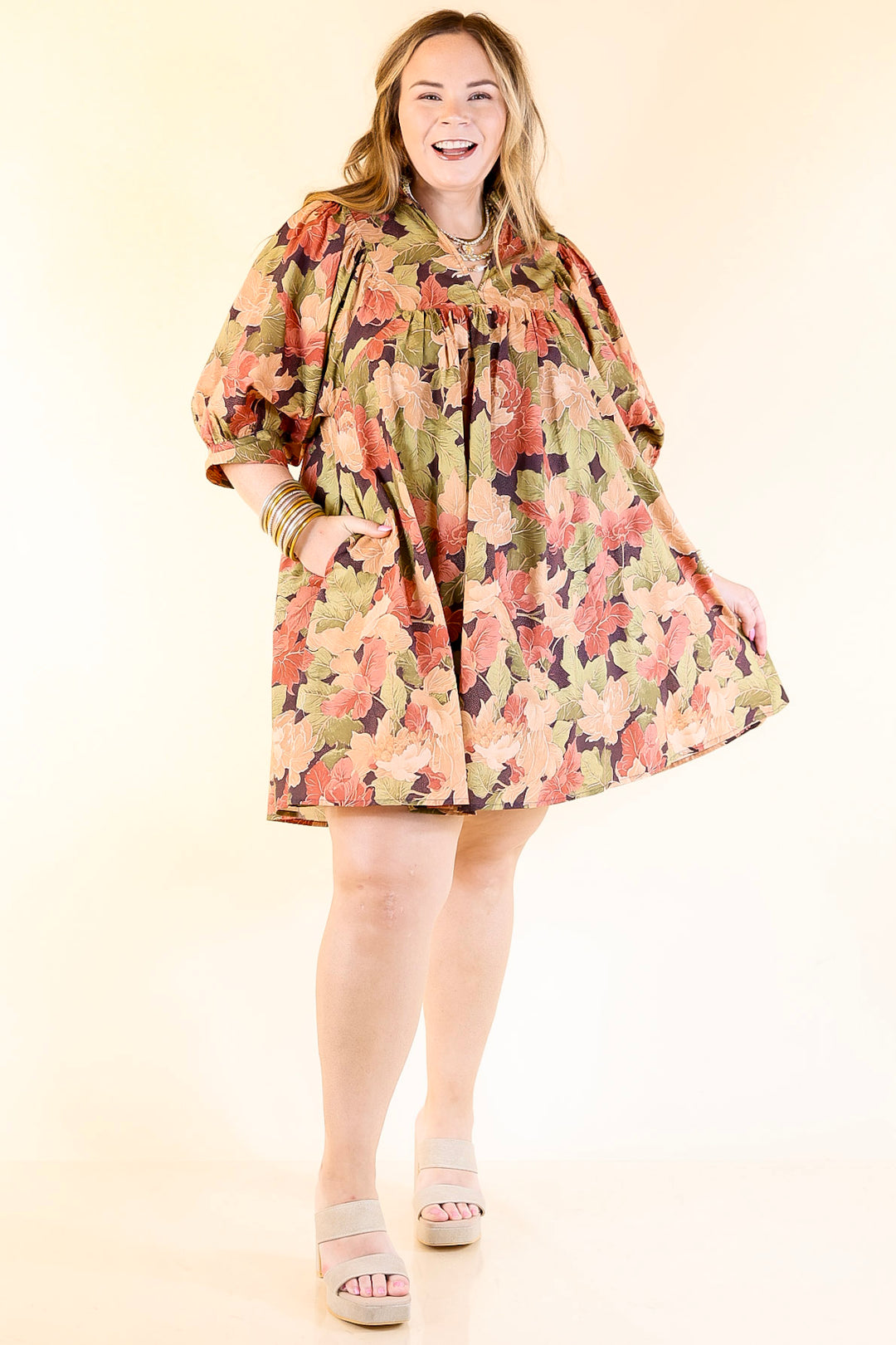 Endless Possibilities Floral Babydoll Dress with Puff Sleeves in Beige, Navy and Rust