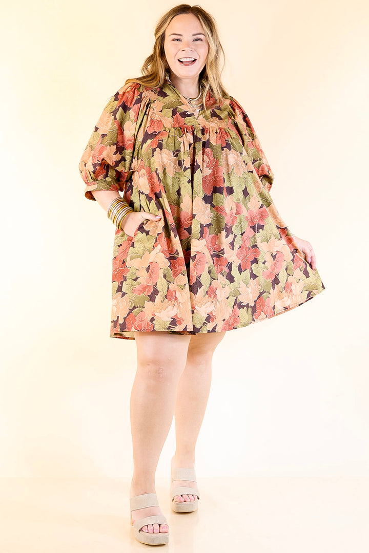 Endless Possibilities Floral Babydoll Dress with Puff Sleeves in Beige, Navy and Rust