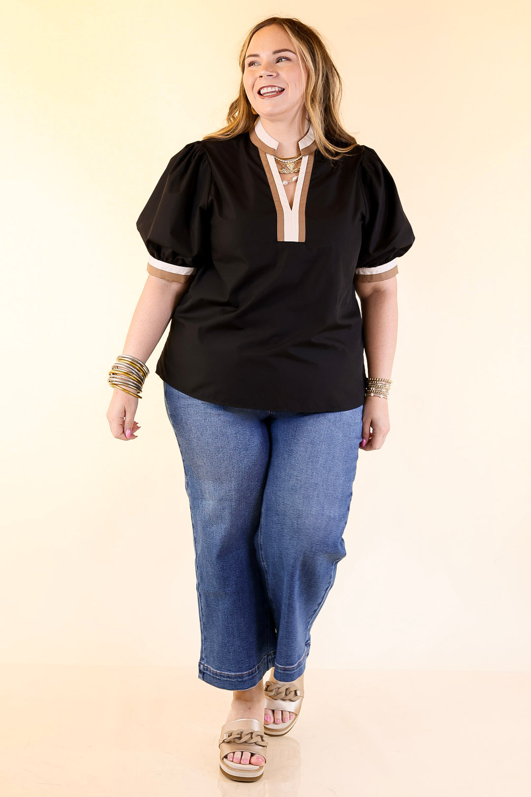 Standout Style V Neck Top with Short Balloon Sleeves and Natural Color Trim in Black