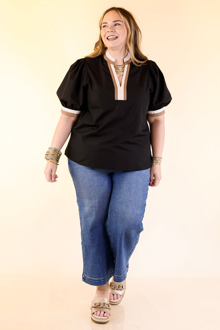 Standout Style V Neck Top with Short Balloon Sleeves and Natural Color Trim in Black