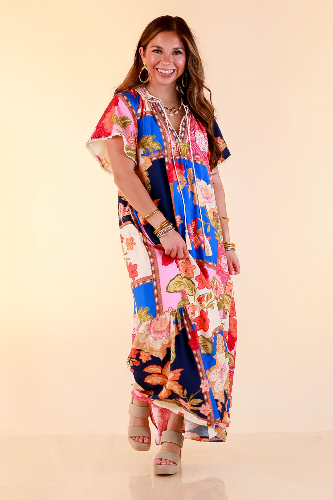 Patchwork Poise Floral Patchwork Print Midi Dress with Tassel Tie Neckline and Flutter Sleeves in Blue Mix