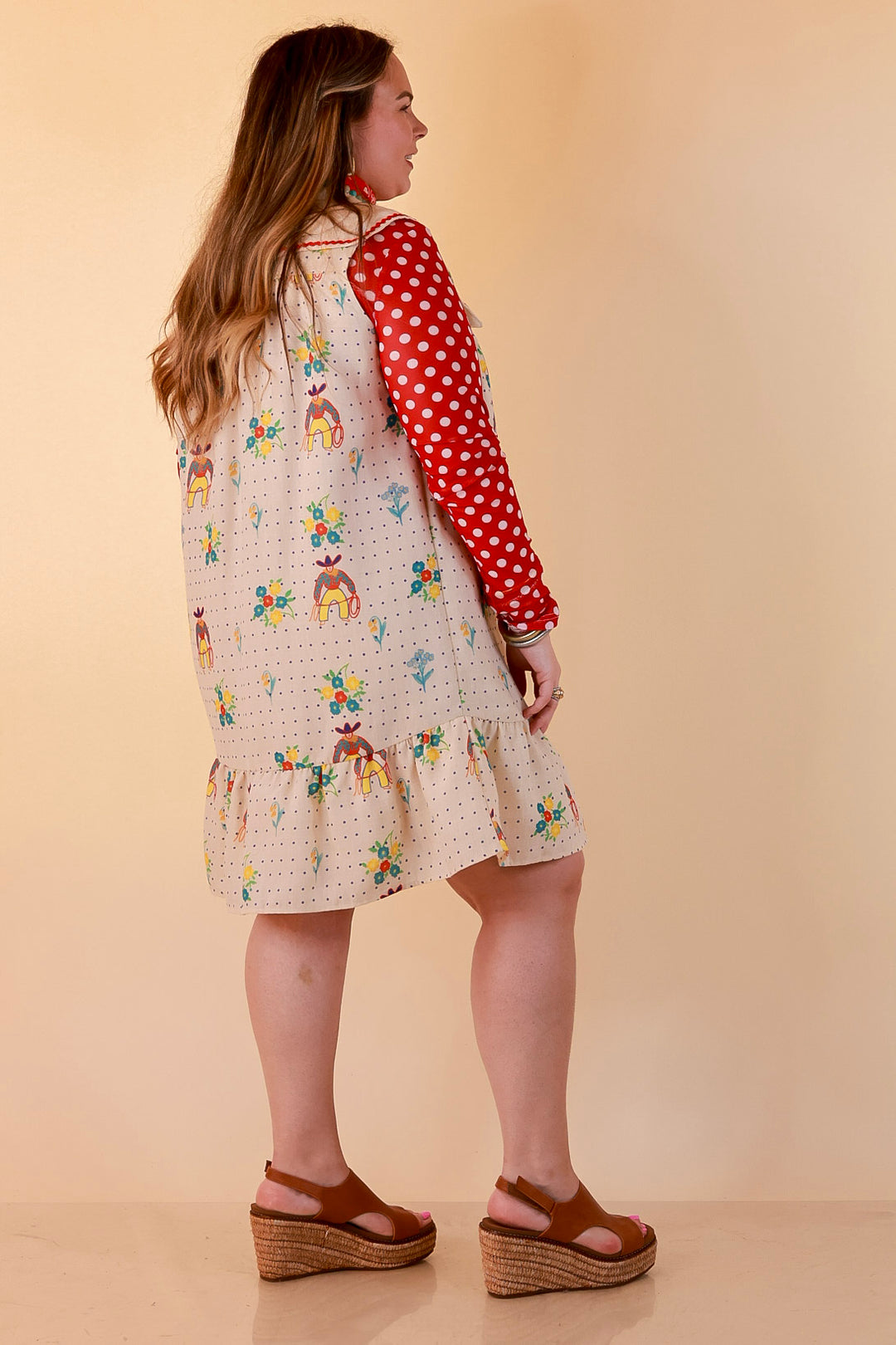 The Showstopper Sleeveless Pearl Snap Cowboy, Floral and Polka Dot Print Ruffle Dress with Sailor Collar and Cowboy Embroidery in Cream