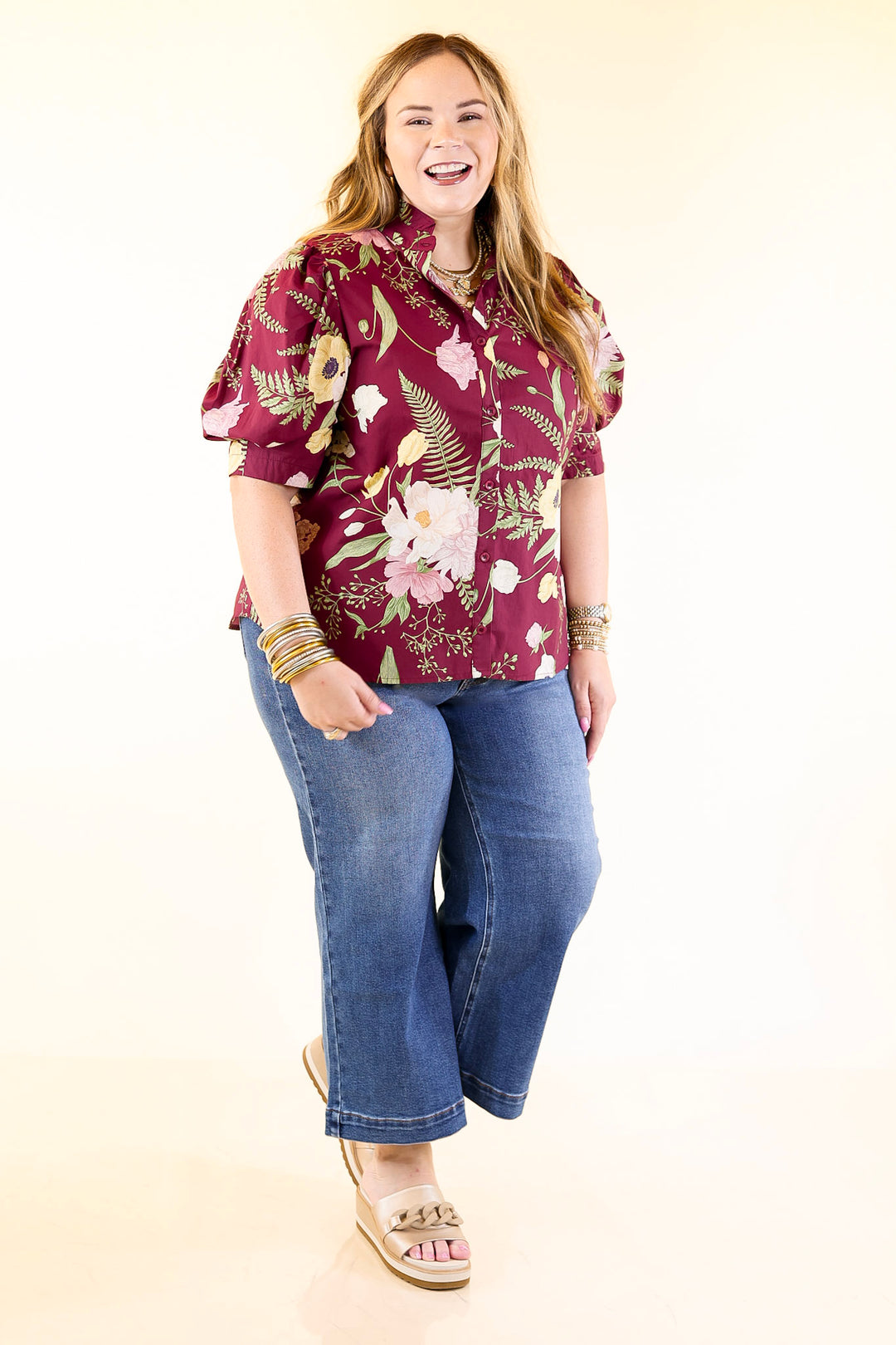 First Glance Button Up Puff Sleeve Floral Print Top in Maroon