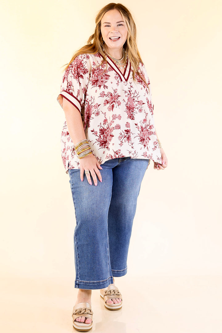 Chic Rewind V Neck Placket Floral French Toile Short Sleeve Top in Maroon and Ivory