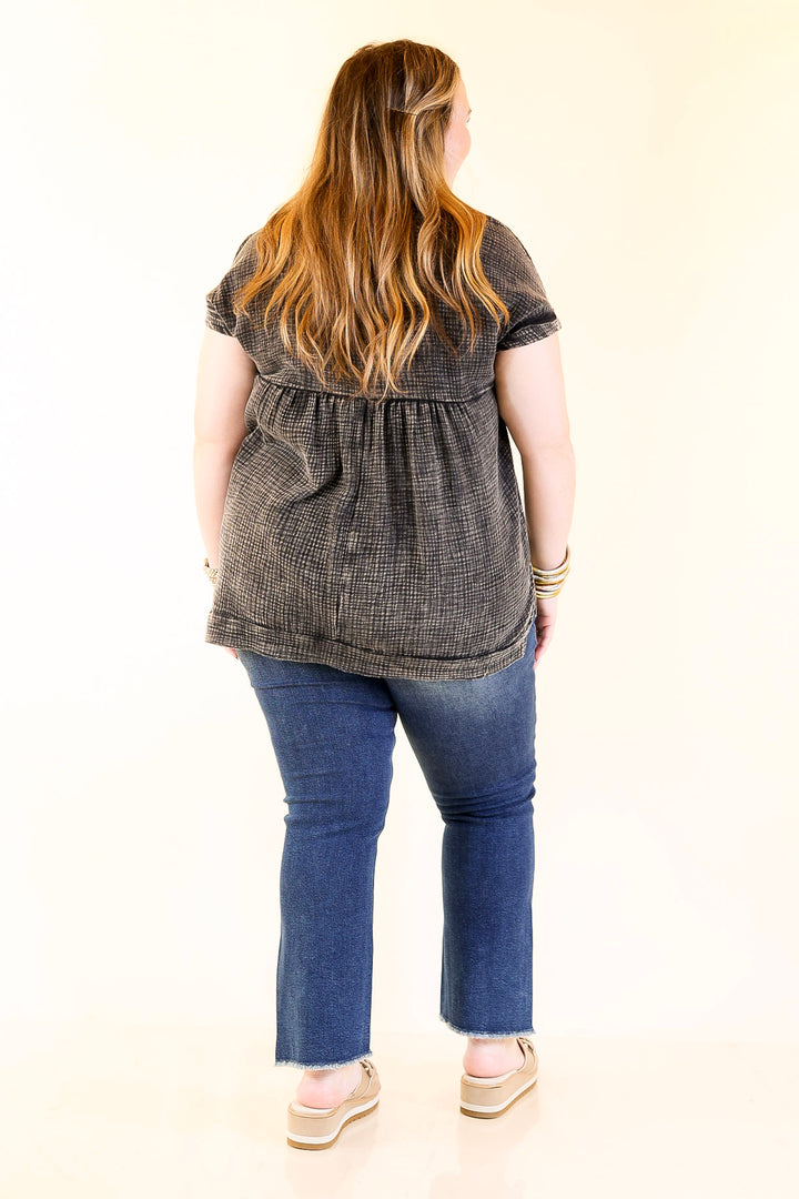 Simple Statement Quarter Button Up Short Drop Sleeve Shirt in Black