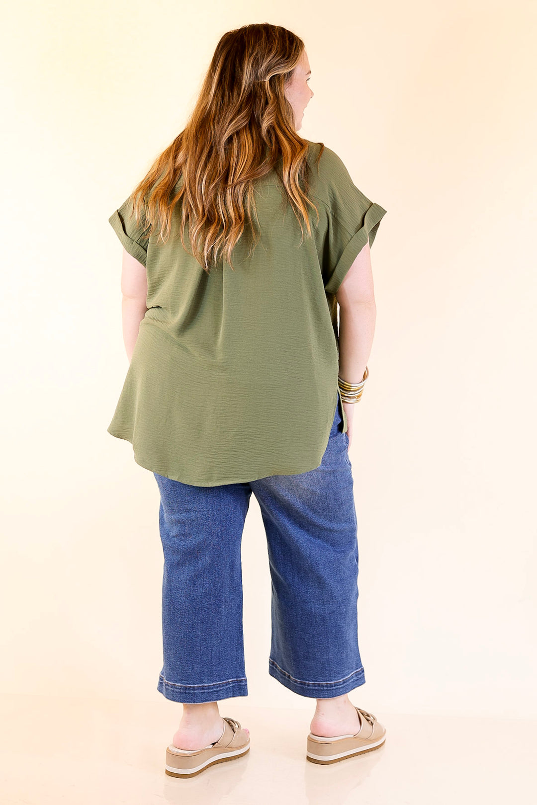 Timeless Appeal Collared Button Up Top in Olive Green