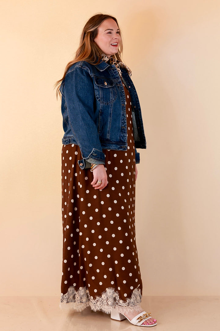 Sweet Little Something Polka Dot Sleeveless Maxi Dress with Lace Trim in Chocolate Brown