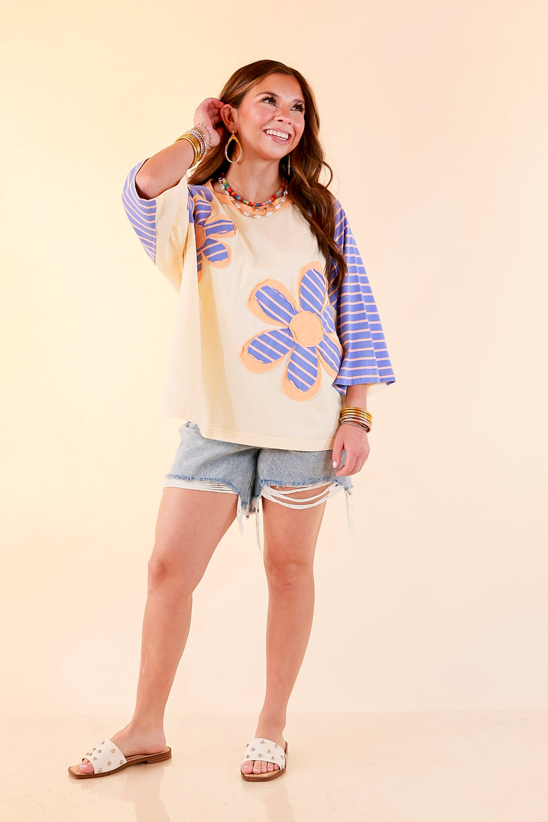 Bloom in Color Floral and Stripe Print Relaxed Short Sleeve Top with Contrast Sleeves in Cream