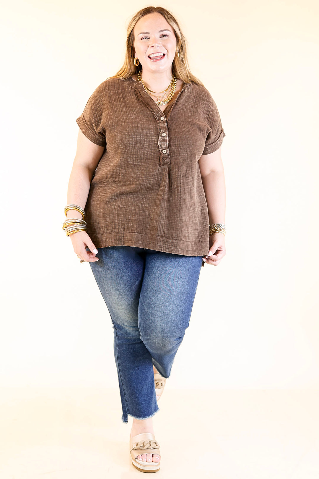 Simple Statement Quarter Button Up Short Drop Sleeve Shirt in Brown