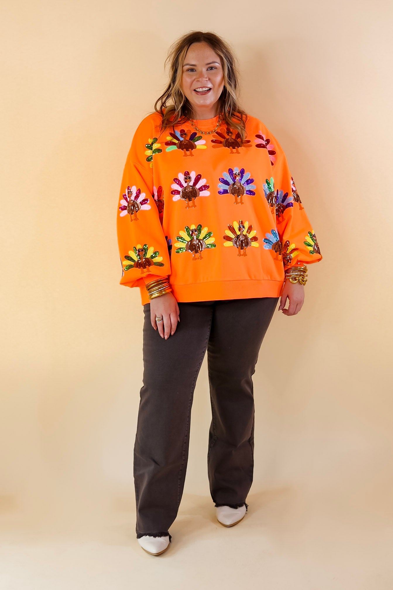 Queen Of Sparkles | Sequin Turkey Long Sleeve Graphic Sweatshirt in Neon Orange