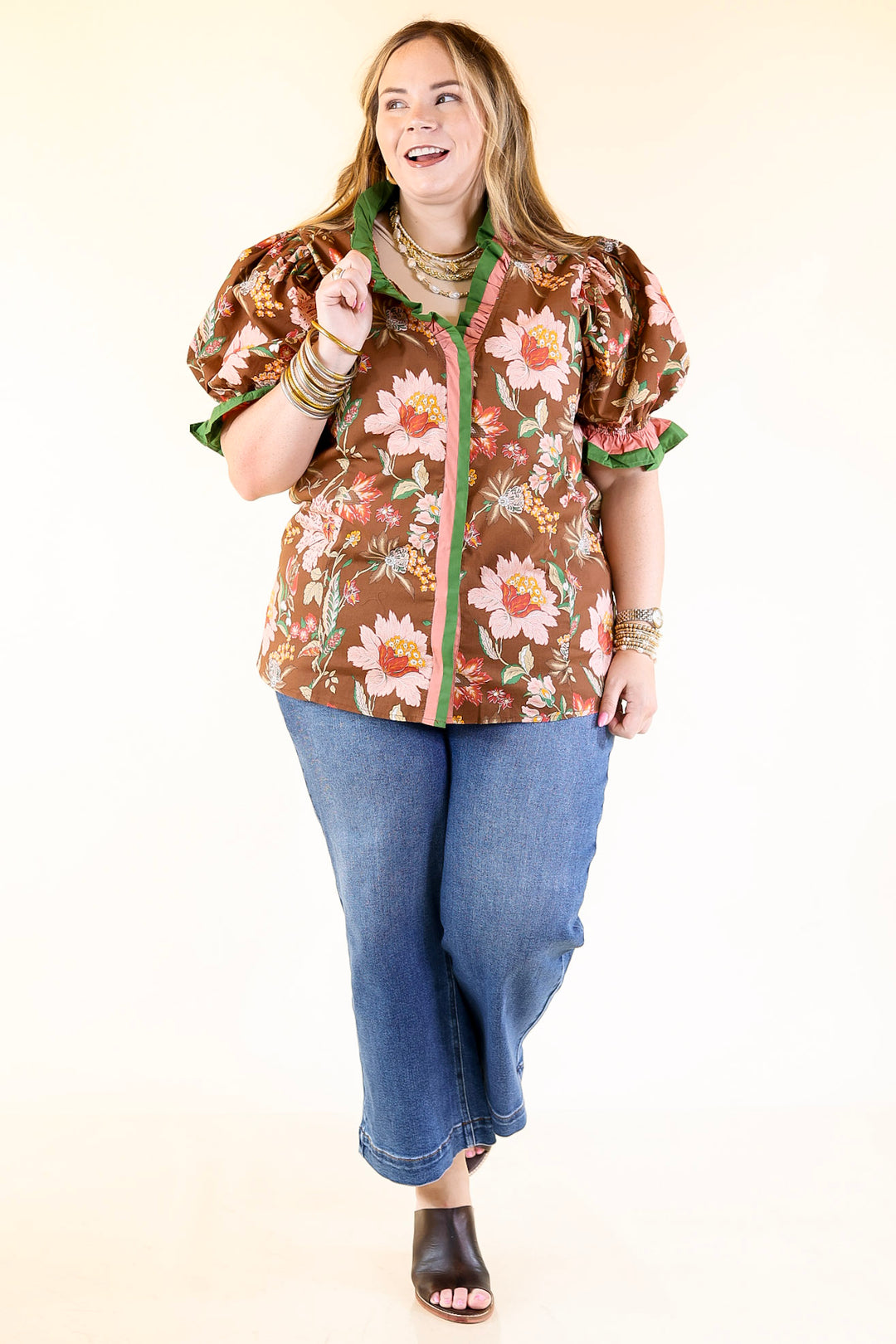 Endless Elegance Ruffled V Neck Floral Print Top in Brown, Mauve and Green