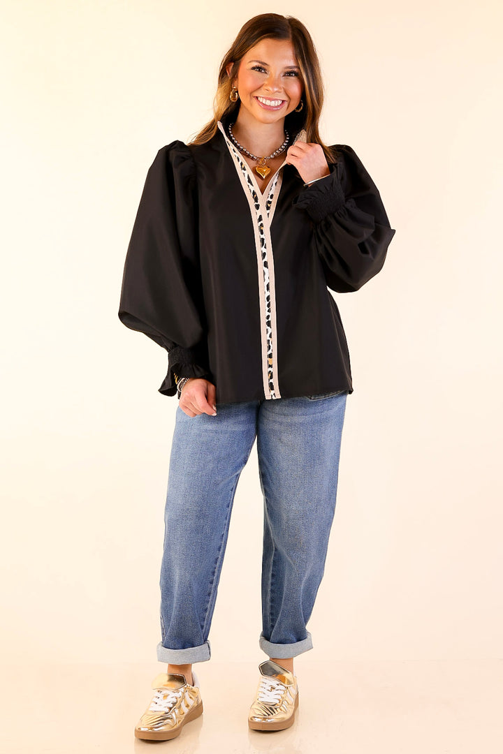 Trimmed in Style Puff Long Sleeve Blouse with Contrast Leopard Trim and Ruffle in Black