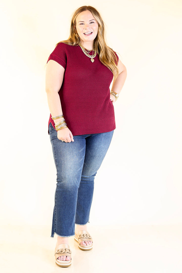 Style Refresh Drop Shoulder Short Sleeve Knit Sweater Top in Maroon
