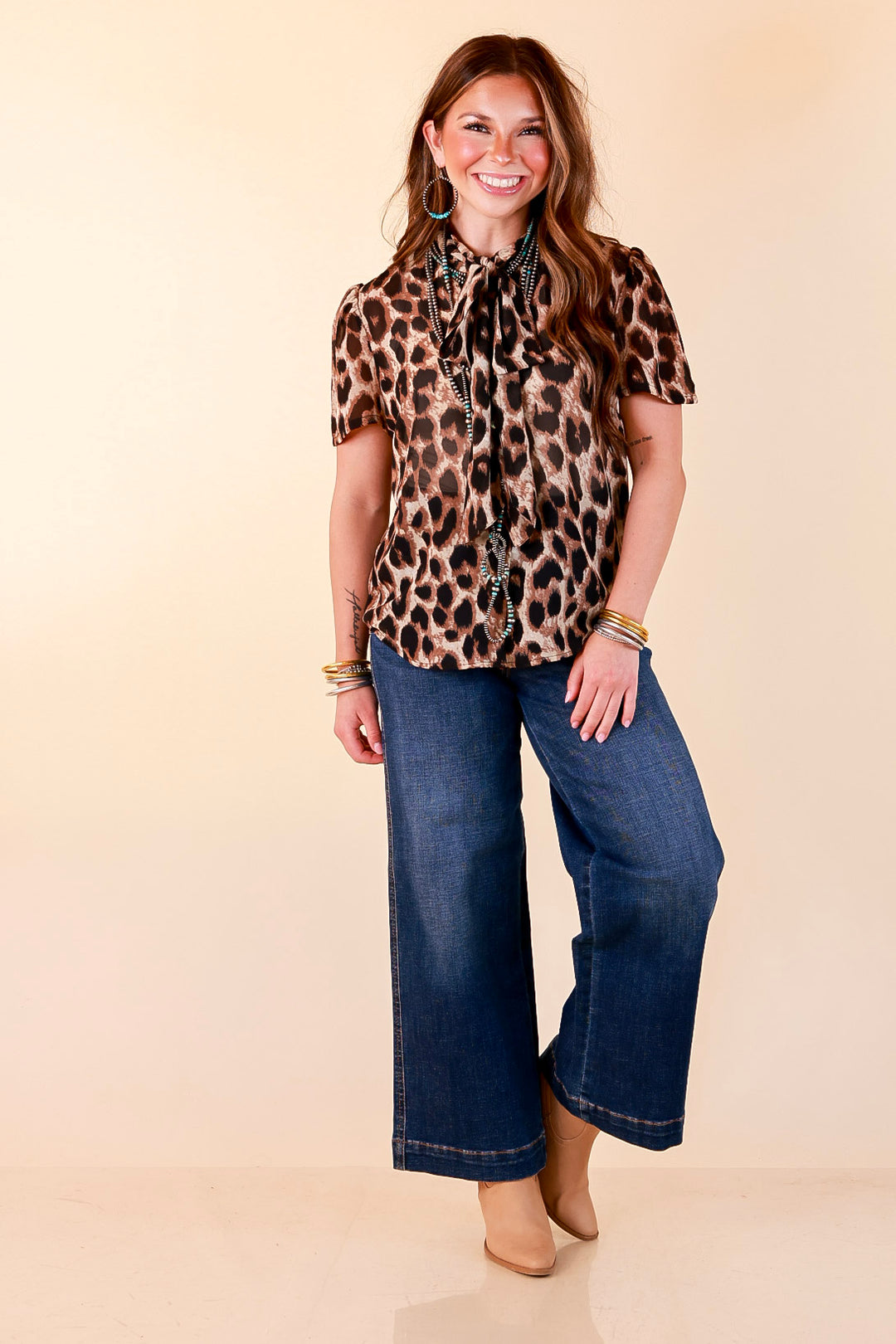 Wild at Heart Bowtie Button Up Mesh Blouse Top with Statement Tie in Leopard Print