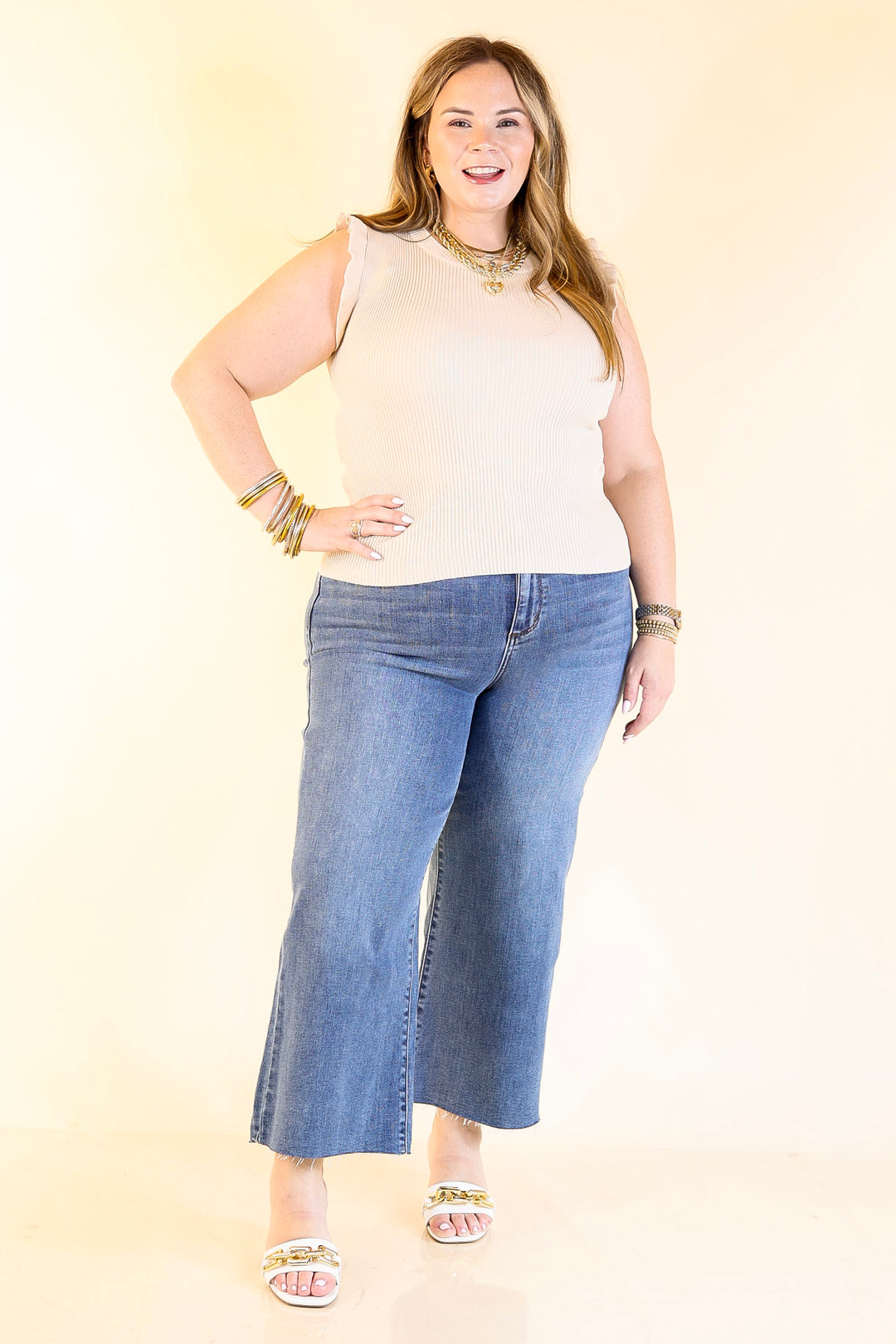 Flirty Frill Scoop Neck Top with Ruffle Sleeves in Ivory