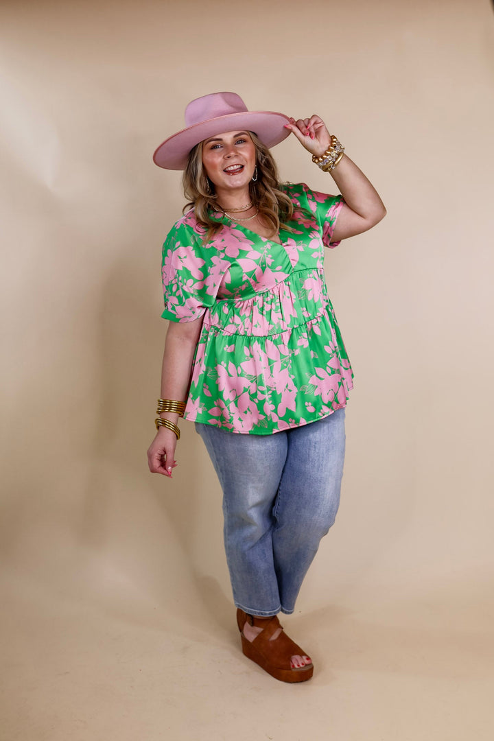Merlot Meeting Floral Print V Neck Top in Green - Giddy Up Glamour Boutique