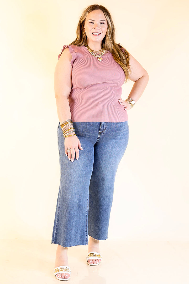 Flirty Frill Scoop Neck Top with Ruffle Sleeves in Mauve Pink