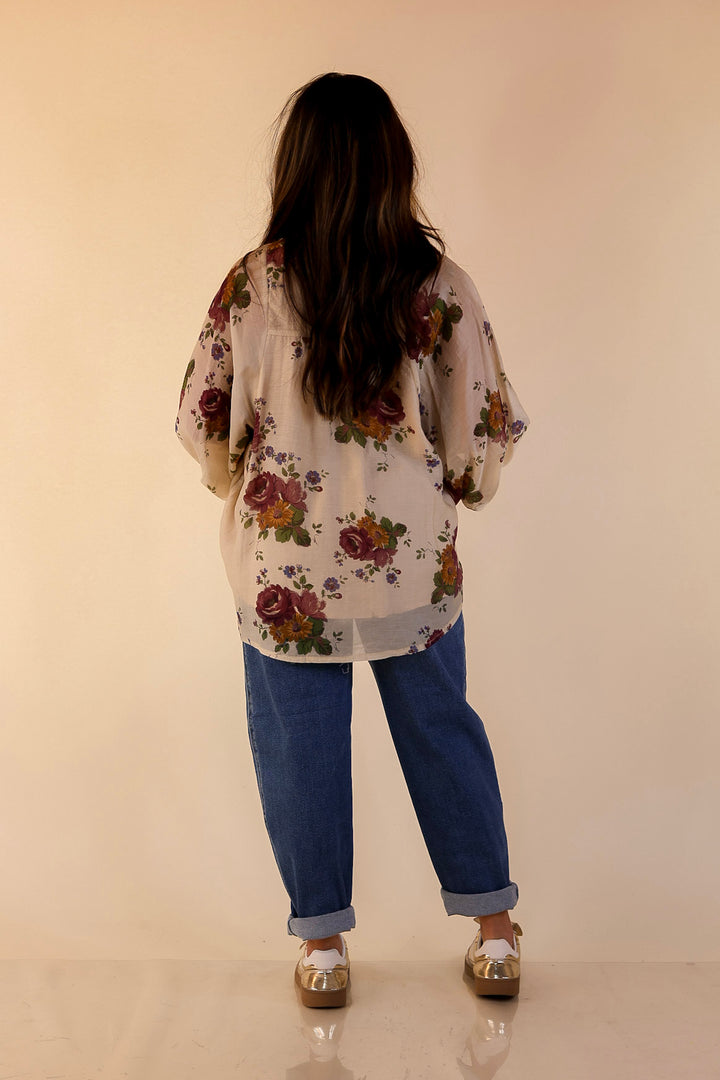 Garden Stroll Floral Long Sleeve Button Down Top in Cream