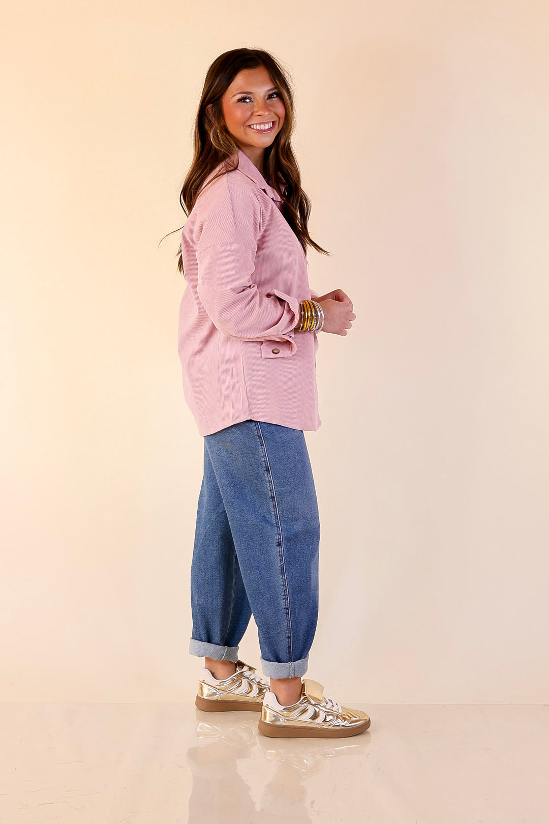 Captivating Cuteness Corduroy Button Up Shacket in Light Pink