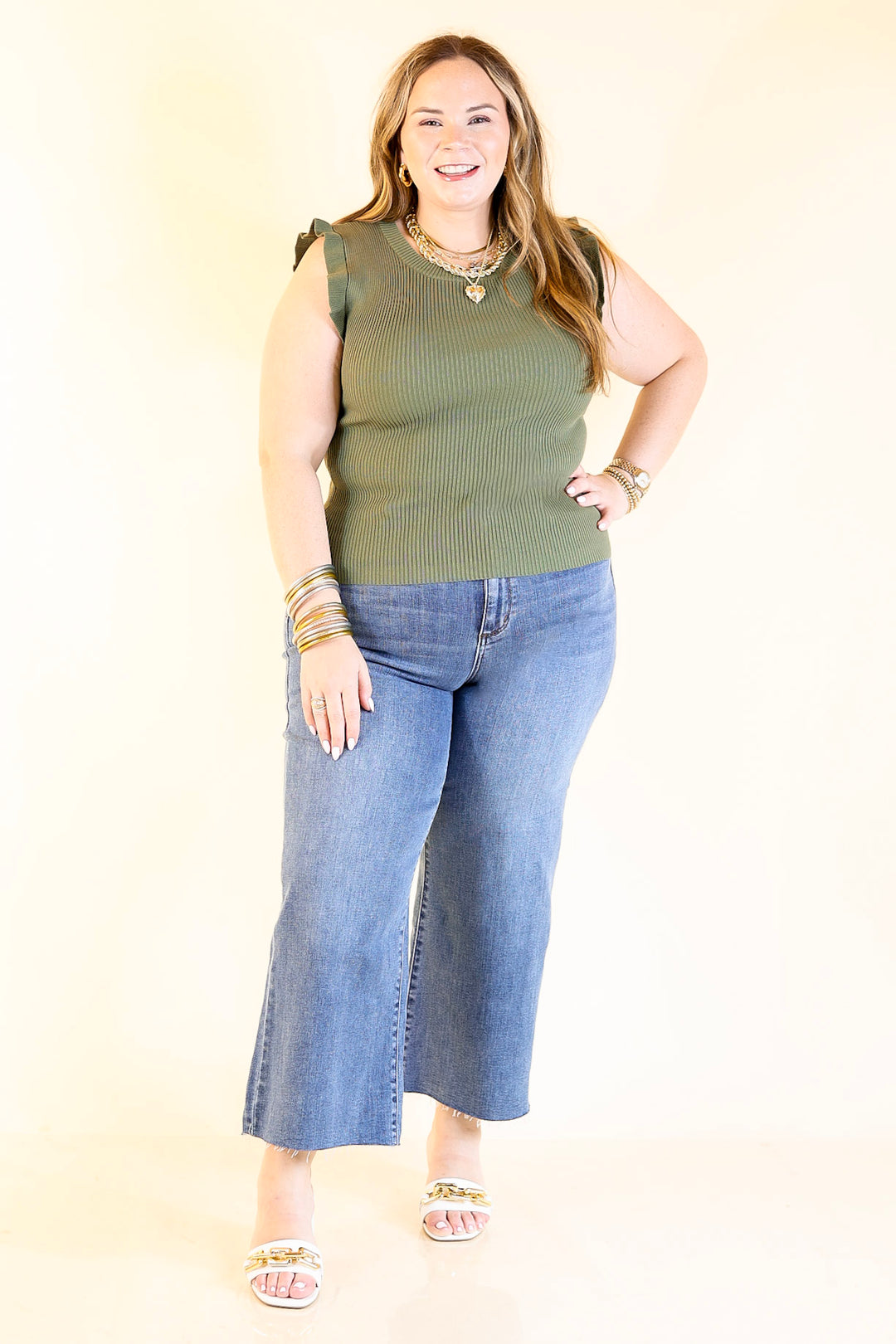 Flirty Frill Scoop Neck Top with Ruffle Sleeves in Olive Green