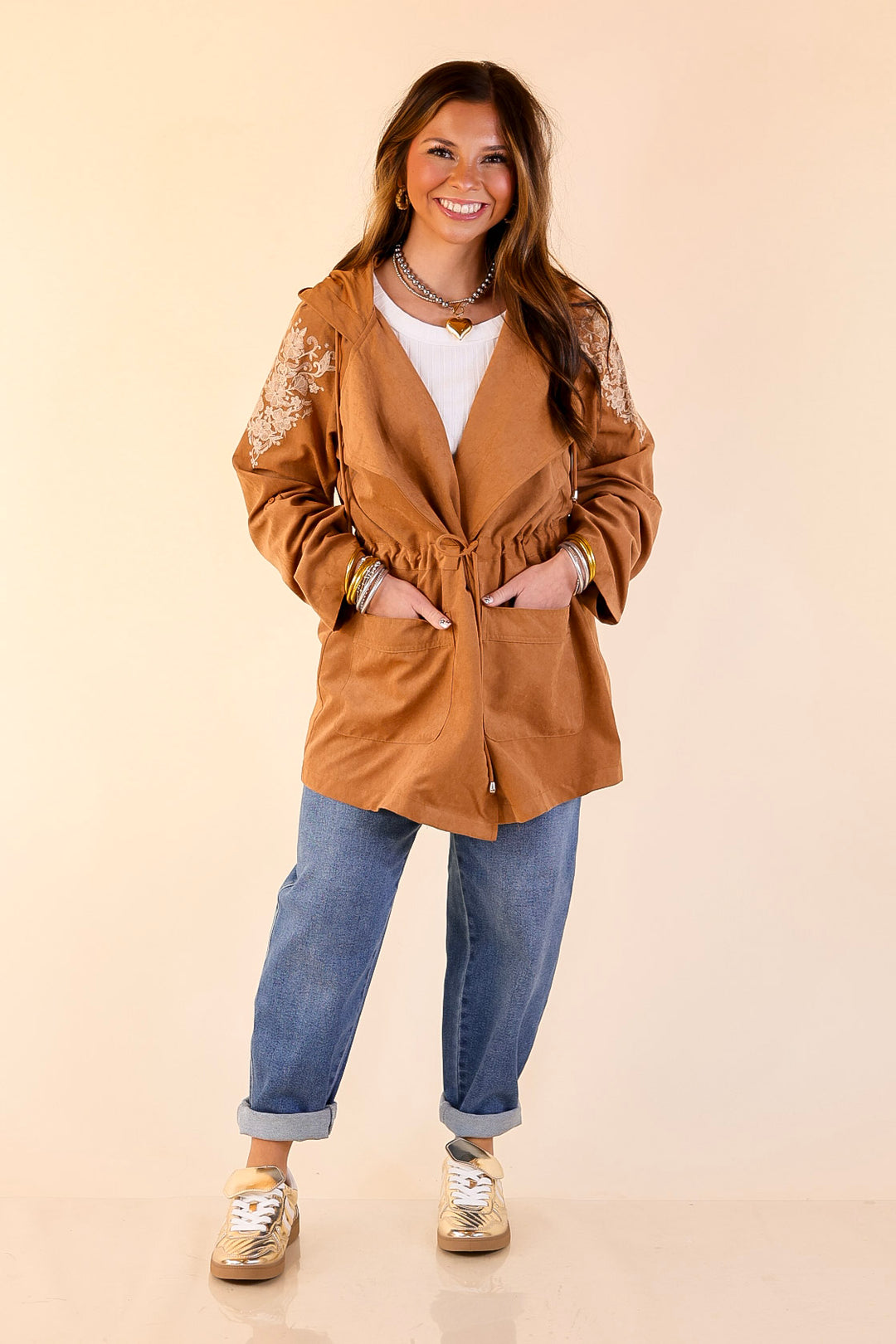 Fill Up Your Cup Embroidered Suede Utility Jacket in Tan